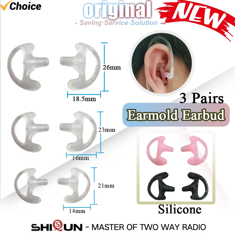 3-Pair Silicone Earbud for Common Walkie Talkie Radio Air Acoustic Coil Tube Earpiece Headphone Earmold White Black S M LSize